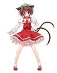  :3 animal_ears blush brown_eyes brown_hair cat_ears cat_tail chen dress full_body hand_on_hip hat highres looking_at_viewer mary_janes multiple_tails shoes short_hair simple_background smile socks solo standing tail touhou white_background white_legwear zi_se 