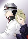  blonde_hair eyes_closed gintama helmet hug japanese_clothes sakata_gintoki scar tsukuyo white_hair 