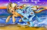  applejack_(mlp) beach birds clouds couple equine eyes_closed female friendship_is_magic hasbro littletiger888 my_little_pony ocean rainbow_dash_(mlp) running sea seaside summer 