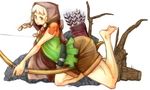  arrow barefoot belt bow_(weapon) braid brown_eyes cloak dragon's_crown elf elf_(dragon's_crown) hood pointy_ears quiver shorts solo thick_thighs thighs twin_braids weapon white_hair yu_yun 