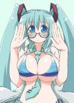  aqua_eyes aqua_hair bespectacled between_breasts bikini blush breasts glasses hatsune_miku huge_breasts long_hair naitou_kouse necktie solo swimsuit twintails underboob very_long_hair vocaloid 