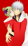  blonde_hair couple gintama highres hug japanese_clothes kimono purple_eyes red_eyes sakata_gintoki scar tsukuyo white_hair 