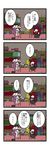  2girls 4koma bag black_wings blush book bookshelf chair closed_eyes comic crescent cup dora_ita hat head_wings highres koakuma long_hair multiple_girls necktie patchouli_knowledge purple_hair red_hair shelf sitting sweatdrop table teacup touhou translated wings 