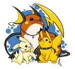  abstract_background all_fours bell brown chain collar fangs female grin happy littletiger488 male pikachu pok&eacute;mon raichu spikes spot standing stripes threesome yellow 