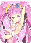  1girl armpits artist_request bare_shoulders blush cure_star earrings eyelashes hair_ornament happy highres hoshina_hikaru jewelry long_hair looking_at_viewer pink_background pink_eyes pink_hair precure smile solo source_request standing star star_twinkle_precure twintails 