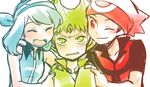  2boys annoyed bandana blush closed_eyes emerald_(pokemon) fangs hat laughing multiple_boys odamaki_sapphire one_eye_closed pokemon pokemon_special ruby_(pokemon) shirou_(vista) simple_background 