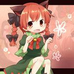  animal_ears bell bow braid cat_ears dress extra_ears fang hair_bow kaenbyou_rin open_mouth paw_pose pointy_ears red_eyes red_hair short_hair solo tail touhou twin_braids twintails yamabuki_(yusuraume) 