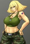  american_flag bare_shoulders blonde_hair blue_eyes breasts bursting_breasts camouflage cleavage cosplay crossdressing dog_tags guile guile_(cosplay) gundam haman_karn hands_on_hips homura_(haku89) huge_breasts midriff military navel short_hair simple_background solo street_fighter tank_top tattoo zeta_gundam 