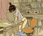  black_hair blush book bookshelf computer crotch_rub curtains desk dress_shirt genshiken masturbation midriff mochihada ogiue_chika otaku panties pants_pull room shirt sketch sleeves_rolled_up solo stereo table_sex topknot trash_can underwear 