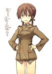  blush brown_eyes brown_hair gertrud_barkhorn hair_ribbon hands_on_hips military military_uniform open_mouth ribbon simple_background solo strike_witches translated tsuchii_(ramakifrau) twintails uniform world_witches_series 