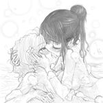  bathing blush flower french_kiss greyscale hair_bun hair_flower hair_ornament hanasaku_iroha hand_on_another's_cheek hand_on_another's_face hand_on_another's_head highres kiss matsumae_ohana monochrome multiple_girls open_mouth oshimizu_nako ryou_(shirotsumesou) saliva short_hair sketch soap tongue water wet yuri 