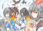  ahoge bad_id bad_pixiv_id bird black_hair bridal_gauntlets brown_hair closed_eyes colored_pencil_(medium) crow cup fan feathers fighting glasses hat himekaidou_hatate inubashiri_momiji miniskirt morichika_rinnosuke multiple_girls newspaper red_eyes ribbon shameimaru_aya short_hair silver_hair skirt tea tengu touhou traditional_media twintails wings you_(esparda) 