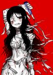  arm_up bandages black_eyes black_hair blood boxcutter breasts eyepatch grin guro highres injury long_hair medium_breasts navel original samael_(5211) simple_background smile solo 