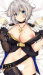  1girl azur_lane bangs black_choker black_footwear black_gloves blue_eyes blush boots bottomless breasts censored choker cleavage clothes_tug cross cross_necklace dakimakura eyebrows_visible_through_hair gloves hair_between_eyes heart heart_censor jewelry large_breasts looking_at_viewer lying mole mole_on_breast navel necklace nipples on_back parted_lips short_hair silver_hair swimsuit thigh_boots thighhighs thighs tony_guisado washington_(azur_lane) 