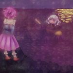  bad_id bad_pixiv_id bobby_socks culotte_(hosenrock) from_behind komeiji_koishi komeiji_satori lowres multiple_girls night partially_submerged pink_skirt purple_hair siblings silver_hair sisters skirt socks swimming touhou white_legwear 