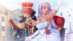  1boy 1girl bare_shoulders breasts cleavage crown dark_skin dress flower game_cg gladys_(kyonyuu_fantasy) gladys_von_walkenheim gloves hand_holding king kyonyuu_fantasy kyonyuu_fantasy_gaiden large_breasts outdoors purple_hair ryuuto_henge sky veil waffle wedding wedding_dress 