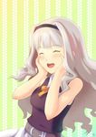  ^_^ absurdres bare_shoulders belt breasts closed_eyes hairband highres idolmaster idolmaster_(classic) long_hair medium_breasts moonhackle open_mouth shijou_takane silver_hair smile solo 