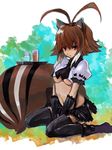  adapted_costume animal_ears antenna_hair blazblue breasts brown_hair glass gond makoto_nanaya medium_breasts midriff miniskirt navel red_eyes revealing_clothes short_hair sitting skirt solo squirrel_ears squirrel_tail tail thighhighs underboob wariza 
