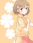  apron bad_id bad_pixiv_id banned_artist blush brown_eyes brown_hair flower hair_flower hair_ornament hanasaku_iroha japanese_clothes kissuisou_uniform matsumae_ohana miyabi_(reef) nakai_(waitress) short_hair smile solo 