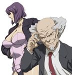  1girl aramaki_daisuke bald beard black_eyes breasts cleavage facial_hair formal ghost_in_the_shell grey_hair hands_on_hips jacket kusanagi_motoko large_breasts leotard necktie old_man oono_tsutomu pink_leotard purple_hair red_eyes sketch smile suit 