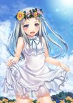  ano_hi_mita_hana_no_namae_wo_bokutachi_wa_mada_shiranai. bare_shoulders blue_eyes blush chobipero cloud day dress flower frills hair_flower hair_ornament head_wreath honma_meiko lens_flare long_hair neck_ribbon ribbon see-through silver_hair skirt_hold sleeveless sleeveless_dress solo sweat wreath 