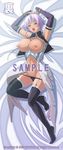  blush breasts breasts_outside dakimakura dark_skin erect_nipples garter_belt gladys_(kyonyuu_fantasy) gladys_von_walkenheim kyonyuu_fantasy kyonyuu_fantasy_gaiden lactation large_breasts mound_of_venus nipples open_clothes open_mouth open_shirt panties purple_hair shirt thighhighs tongue underwear waffle 