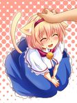  alice_margatroid animal_ears bell bell_collar blonde_hair blue_dress blush capelet cat_ears cat_tail closed_eyes collar dress fang hairband hand_on_another's_head happy kemonomimi_mode open_mouth out_of_frame petting sen'yuu_yuuji short_hair sitting smile solo_focus tail touhou v_arms 