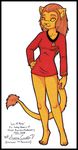  brown_hair caitian english_text feline female hair long_hair looking_at_viewer m&#039;ress m'ress mammal plain_background smile solo standing star_trek star_trek_the_animated_series summer_cardin text traditional_media uniform white_background yellow_eyes 