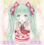  aqua_eyes birthday_cake cake candle food green_hair hair_ribbon hatsune_miku konayuki long_hair open_mouth ribbon solo twintails very_long_hair vocaloid 