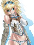  armor bad_id bad_pixiv_id bare_shoulders barioth_(armor) blonde_hair blue_eyes breasts dodai_shouji gauntlets hairband highres large_breasts monster_hunter monster_hunter_portable_3rd navel panties solo underwear 