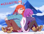  ahoge artist_name badeline blue_coat blush_stickers boots brown_eyes brown_pants canadian_flag celeste_(video_game) closed_mouth cloud commentary copyright_name dated del glowing glowing_hair highres japanese_flag legs_crossed long_hair looking_back madeline_(celeste) mountain number orange_hair outdoors own_hands_together pants profile purple_coat purple_hair red_sclera sitting sky smile very_long_hair 