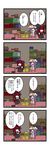  4koma bag black_wings blush book bookshelf chair closed_eyes comic crescent cup dora_ita hat head_wings highres koakuma long_hair multiple_girls necktie patchouli_knowledge purple_hair red_hair shelf sitting sweatdrop table teacup touhou translated wings 