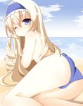  ass beach blonde_hair blue_eyes blue_hairband blush breasts cecilia_alcott covering covering_breasts day drill_hair hairband infinite_stratos long_hair medium_breasts ocean one_eye_closed sideboob solo takanashi_kurusu topless 