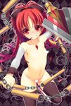  angry asami_asami black_legwear censored chain clenched_teeth collarbone detached_sleeves food long_hair looking_at_viewer magical_girl mahou_shoujo_madoka_magica novelty_censor nude petite pocky polearm ponytail red_eyes red_hair sakura_kyouko solo spear teeth thighhighs torn_clothes weapon 