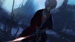  bad_id bad_pixiv_id blood blue blue_eyes dutch_angle gintama japanese_clothes katana male_focus realistic sakata_gintoki solo sword tkr_(lovedelic99) weapon white_hair younger 