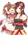  2girls a-ru_(pixiv2851651) brown_eyes brown_hair crossed_arms detached_sleeves earrings female gloves hairband highres jewelry kaihime kunoichi_(sengoku_musou) long_hair midriff multiple_girls one_eye_closed open_mouth pink_ribbon ponytail ribbon scarf sengoku_musou sengoku_musou_3 top wink 