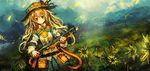  blonde_hair blush bow cowboy_shot dutch_angle field flamethrower flower flower_field grass hat highres lm7_(op-center) long_hair long_sleeves looking_at_viewer mountain original radiation_symbol ribbon skirt smile solo standing tareme weapon wind yellow_eyes 