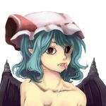  bat_wings black_sclera blue_hair bow colored_eyelashes fangs hat hat_bow horror_(theme) mismatched_sclera natsukawa_miyabi nude pink_eyes pointy_ears portrait remilia_scarlet saliva solo tongue touhou vampire wings 