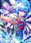  blue_dress blue_eyes blue_hair bow cirno dress hair_bow highres ice outstretched_hand ribbon shirt slit_pupils snowflakes solo touhou tsukimoto_aoi upper_body wings 