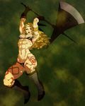  abs amazon_(dragon's_crown) armlet armor armpits bikini_armor blonde_hair boots circlet dragon's_crown egawa_satsuki feathers gloves green_eyes halberd highres long_hair muscle muscular_female polearm solo tattoo thick_thighs thighs weapon 