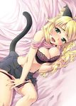  ahoge animal_ears blonde_hair blush bra breasts cat_ears cat_tail cleavage curvy dutch_angle fang green_eyes holding holding_hair hoshii_miki idolmaster idolmaster_(classic) large_breasts lingerie long_hair lying maru_(sara_duke) masturbation navel on_side open_mouth panties panty_pull pussy_juice shirt_lift solo sweat tail tears underwear 
