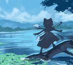  bow cirno cloud day from_behind hair_bow ice ice_wings lake outstretched_arms shishamo@ silhouette sky solo spread_arms standing touhou water wings 