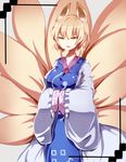  animal_ears bad_id bad_pixiv_id blonde_hair breast_hold breasts fox_ears fox_tail frame hands_in_opposite_sleeves large_breasts multiple_tails no_hat no_headwear short_hair smirk solo tail touhou uiroutsuji_yumihiko yakumo_ran yellow_eyes 