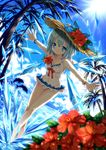  barefoot blue_eyes blue_hair bracelet casual_one-piece_swimsuit cirno cloud day dolphin flower frilled_swimsuit frills hair_flower hair_ornament hat hibiscus highres ice jewelry ocean one-piece_swimsuit outstretched_arms palm_tree sky solo spread_arms straw_hat swimsuit teenage touhou tree wings yukim27 