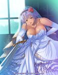  breasts cleavage dark_skin flower gladys_(kyonyuu_fantasy) gladys_von_walkenheim gloves kyonyuu_fantasy kyonyuu_fantasy_gaiden large_breasts purple_hair sword veil waffle weapon wedding_dress 