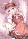  :d animal_ears bad_id bad_pixiv_id brown_dress colorized dress feathers foreshortening hand_on_own_chest hat long_sleeves masaki_namimaya mystia_lorelei open_mouth outstretched_hand pink pink_eyes pink_hair short_dress short_hair smile solo touhou wings 