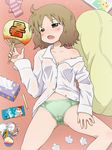  blush breasts brown_eyes brown_hair cameltoe fan highres hot mameshiba nichijou off_shoulder open_mouth panties paper_fan sakurai_izumi shirt short_hair small_breasts socks solo sweat tissue translated uchiwa underwear 