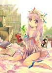 bad_leg bare_legs barefoot bed bedroom book bookshelf bottle bow brand_name_imitation breasts cleavage coca-cola crescent dress error food hair_bow hat indoors patchouli_knowledge pocky purple_eyes purple_hair room sitting small_breasts solo strap_slip touhou yuu_(kfc) 