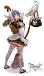  bag blue_eyes blue_hair broom dress elbow_gloves full_body gem gloves goggles hairband kafra nawol ragnarok_online_2:_legend_of_the_second short_dress short_hair sign slippers solo stretch thighhighs 