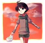  bag black_hair blue_eyes cloud clouds hard_translated hood hoodie idolmaster kikuchi_makoto scarf short_hair shorts sky sunset the_offspring tougyuu_yukio translated 